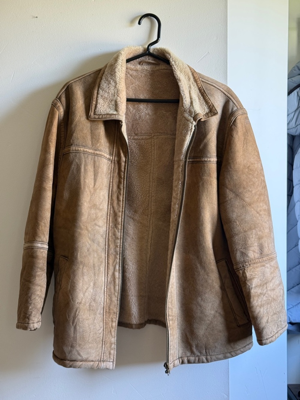 Danier Tan Suede Shearling-Lined Bomber Jacket